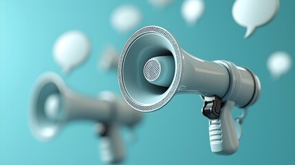 Leinwandbilder - Dynamic 3D megaphone design with floating speech bubbles set against a modern blue background symbolizing the flow of ideas digital communication and the power of sharing information in a global