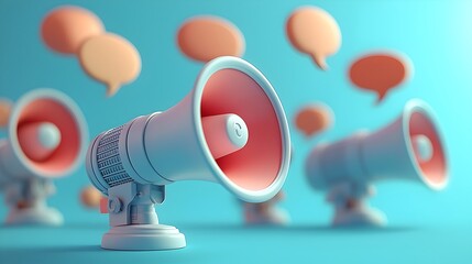 Leinwandbilder - Dynamic 3D design featuring multiple megaphones with floating speech bubbles against a modern blue background representing the concept of communication ideas