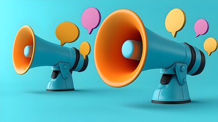Aufkleber - Boldly Amplified Dialogue A vibrant 3D rendering showcasing megaphones emitting colorful speech bubbles against a smooth and bright blue background representing the power of outreach communication