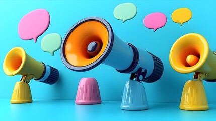 Aufkleber - Megaphones with Floating Speech Bubbles in a Creative 3D Rendering Placed on a Bold Blue Background Representing Effective Communication Tools for Advertising Marketing and Business Strategies
