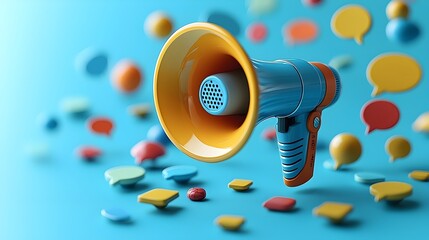 Leinwandbilder - Floating three dimensional megaphone with an assortment of speech bubbles in various shapes and vibrant colors all set against a solid blue background illustrating the concepts of communication