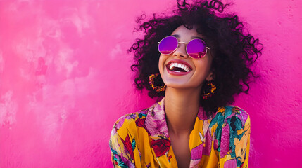 woman with vibrant curly hair and colorful outfit smiles joyfully against pink wall