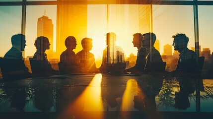 Aufkleber - Backlit group of business professionals collaborating together in a modern office setting with sunlight streaming in and a captivating double exposure effect symbolizing the concept of teamwork
