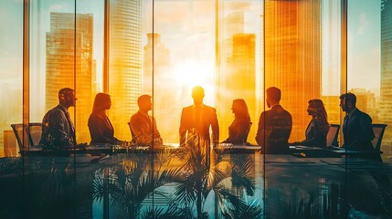 Aufkleber - Sunlit office interior filled with a team of cooperative business professionals shown in double exposure to emphasize teamwork and in a modern corporate setting