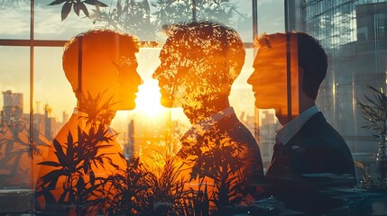 Leinwandbilder - A sunlit office setting filled with a team of business professionals shown in double exposure to emphasize the and teamwork within a modern corporate workplace