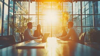 Poster - Sunny Corporate Office Space Showcasing Teamwork and Productivity with Captivating Double Exposure Visual Concept