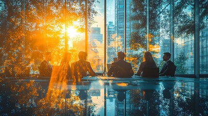 Poster - Business professionals engaged in collaborative teamwork within a sun drenched office space showcasing the synergy and productivity of a corporate work environment