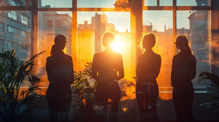 Poster - Backlit business team in a modern office with sunlight flooding the room represented in double exposure to highlight teamwork and corporate goals