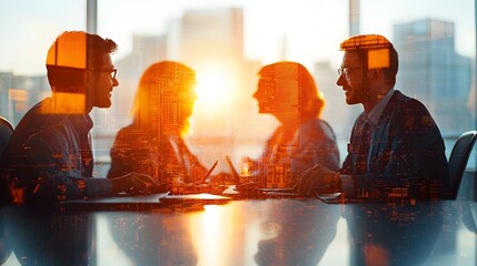Aufkleber - Bright and airy office interior with a team of businesspeople working together captured through double exposure to emphasize the collaborative dynamics and synergy of their professional teamwork