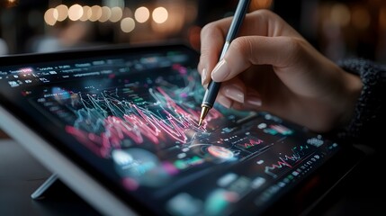 Poster - Close up Shot of a Woman s Hand Holding a Pen Drawing on a Digital Tablet Screen Full of Animated Graphs and Analytical Charts for Business Finance or Data Visualization Concept