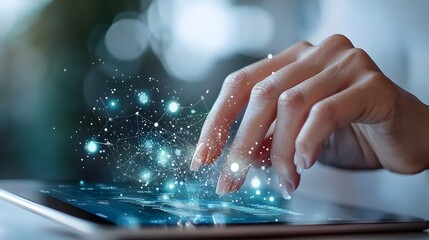 Fototapete - Graceful female hand elegantly navigating through complex business analytics and data visualizations displayed on a tablet screen presented in a bright and creative watercolor painting style