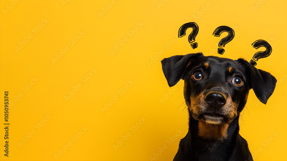 Confused dog with question marks on bright yellow background ...