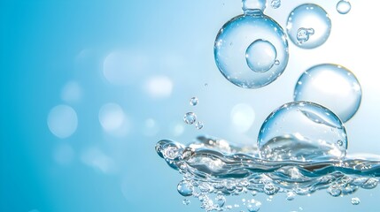 Poster - Abstract wallpaper design featuring large transparent air bubbles floating upward against a serene blue gradient background capturing the essence of underwater tranquility and calming natural beauty