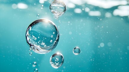 Poster - Mesmerizing abstract wallpaper design featuring large floating water air bubbles drifting upward against a serene tranquil blue gradient background