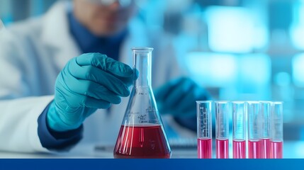 Poster - Close up view of a scientist meticulously working with a flask and test tube in a cutting edge futuristic laboratory setting with a vibrant blue backdrop highlighting the scientific research process