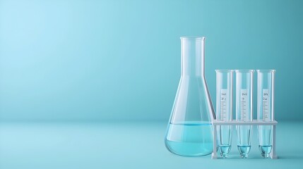 Aufkleber - Sterile laboratory equipment such as flasks test tubes and other glassware set against a clean blue banner background ideal for photos featuring scientific research medical or pharmaceutical themes