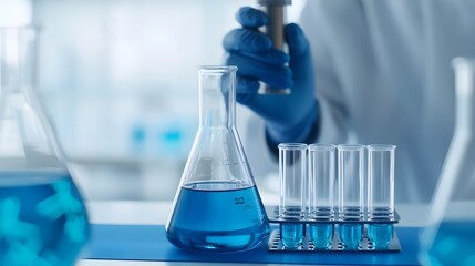 Aufkleber - Close up of a scientist meticulously working with a flask and test tube in a futuristic laboratory environment against a blue banner background that highlights the scientific research process