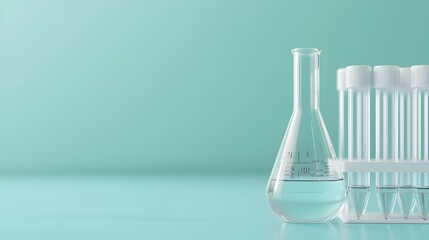 Poster - Flask and Test Tube Placed in a Sterile Laboratory Environment Set Against a Vibrant Blue Banner Background Ideal for Imagery Featuring Scientific or Research Oriented Themes