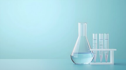 Poster - Clean and sleek science research laboratory setting with a prominently featured test tube and flask on a minimalist blue background perfect for photography related to scientific research