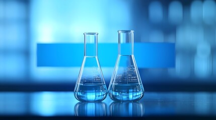 Poster - Test Tube and Flask Sitting on a Lab Bench Under Blue Lighting with a Blue Background Banner Ideal for Images Promoting Science Chemistry and Medical Research Concepts