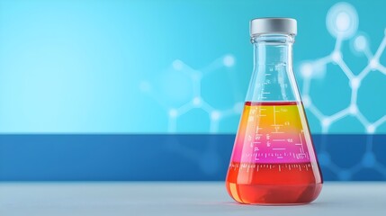 Aufkleber - Colorful Flask Filled with Vibrant Liquid on Display in a High Tech Research Laboratory with Blue Banner Showcasing Innovation and Scientific Advancements for Commercial Use
