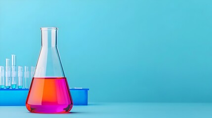 Leinwandbilder - Colorful liquid filled glass flask showcased in a high tech research laboratory setting with a blue banner background highlighting the concept of innovation and scientific discovery for photo sale