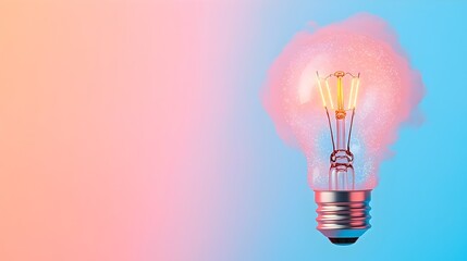 Fototapete - Glowing lightbulb encased in a swirling sparkling mist set against a soft gradient background creating a dreamlike atmospheric visual perfect for marketing materials advertising and creative projects