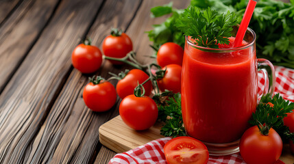 Glass of red tomato juice is on a wooden table with a bunch of tomatoes and parsley