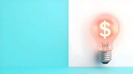 Poster - Close up 3D render of a glowing dollar sign hologram projected inside a modern lightbulb set against a sleek white and blue background with copy space on the right  Concept for financial innovation