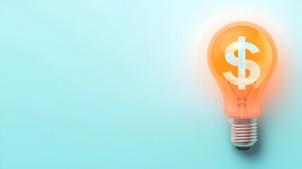 Aufkleber - Detailed 3D rendering of a glowing lightbulb with a holographic dollar sign set against a clean white and blue background providing ample space for copy or text overlay