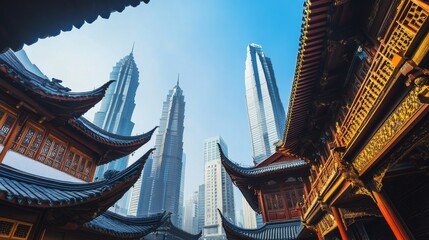 Aufkleber - Cultural integration represented by a city skyline blending traditional architecture with modern skyscrapers, Reflecting the harmonious coexistence of heritage and progress, photography style