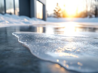 A close-up view of melting ice reflecting sunlight, showcasing the beauty of winter's end and the arrival of spring.