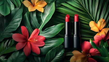 Beautifully designed image of two luxury lipsticks integrated with tropical leaves and bright flowers, great for beauty blogs and lifestyle magazines