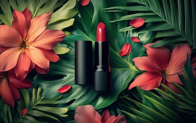 Beautifully designed image of two luxury lipsticks integrated with tropical leaves and bright flowers, great for beauty blogs and lifestyle magazines