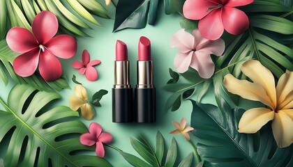 Charming scene featuring two luxury lipsticks with lush tropical leaves and blooming flowers, highdefinition, perfect for beauty product packaging and advertising