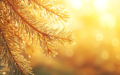 elegant image of a pine branch with clear dewdrops shimmering in the warm morning sun, ideal for wel