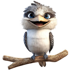 A cute cartoon kookaburra with big blue eyes and a wide smile, perched on a branch isolated on transparant background. Generative ai
