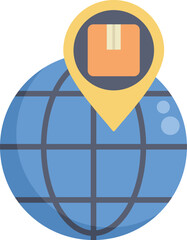 Poster - pin with a cardboard box inside is pointing to a world globe, representing global shipping and logis