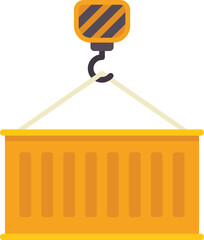 Poster - simple vector illustration of a crane hook lifting a yellow cargo container, isolated on a white bac