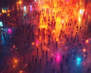 Aufkleber - Aerial perspective of a bustling crowd with intricate connection lines