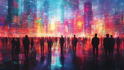 Aufkleber - Crowd of people connected through a network of lines and symbols