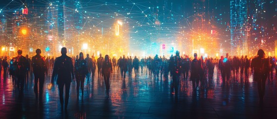 Poster - Futuristic view of a crowd with a web of connections
