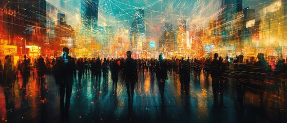 Poster - Futuristic view of a crowd with a web of connections