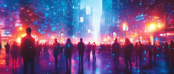 Poster - Impressive view of a diverse crowd connected by data streams