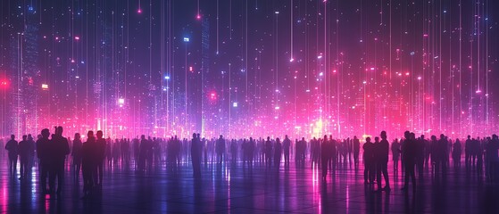 Poster - Impressive view of a diverse crowd connected by data streams
