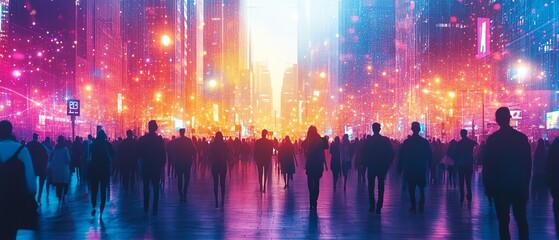 Poster - Impressive view of a diverse crowd connected by data streams