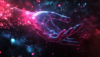 Poster - Dark abstract background featuring a glowing hand icon with connection lines