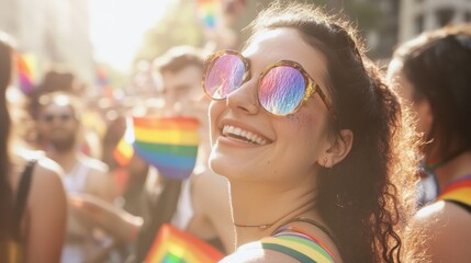 Poster - LGBTQ+ acceptance depicted through a series of moments at a pride parade where people of all orientations celebrate love and equality, Reflecting solidarity in diversity, photography style