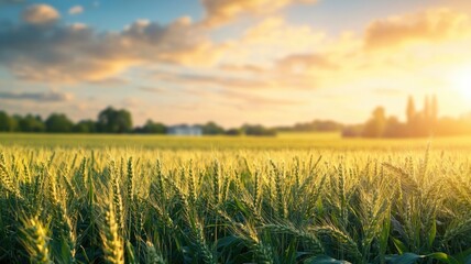 Wall Mural - golden wheat field at sunrise with vibrant sky and trees in distance, highlighting rural beauty agri
