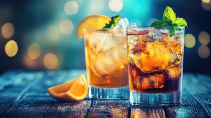 Wall Mural - Two iced beverages garnished with mint leaves and lemon slices on wooden table bokeh lights in background